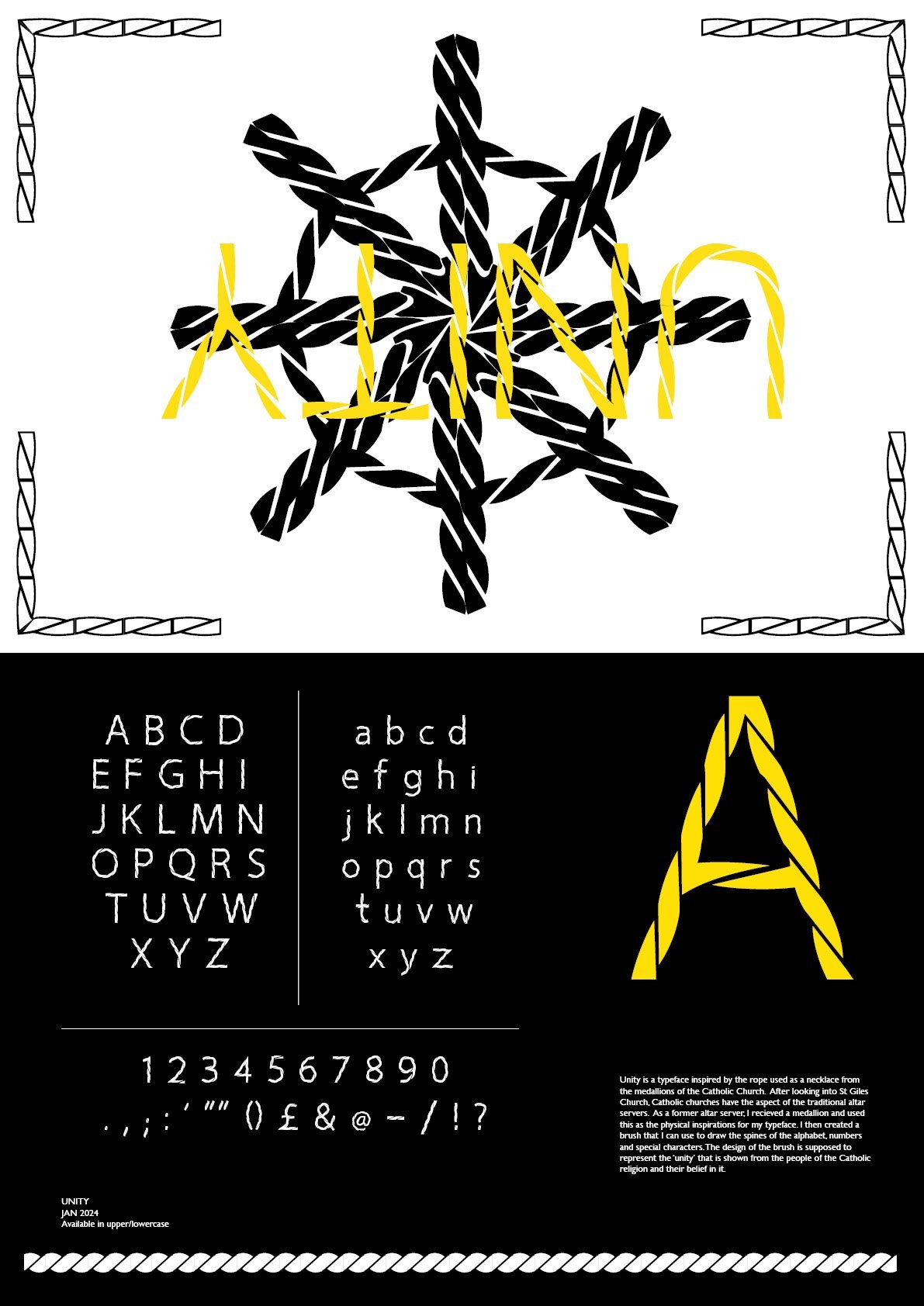 Unity typeface specimen poster with rope-inspired lettering